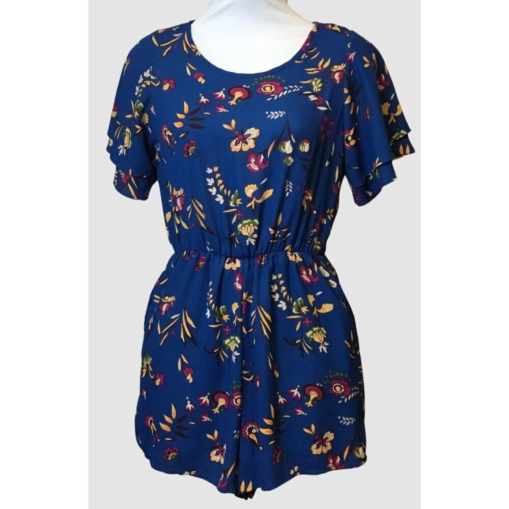 Sienna Sky Short Ruffle Sleeve Bright Blue Floral Romper Keyhole Back XS